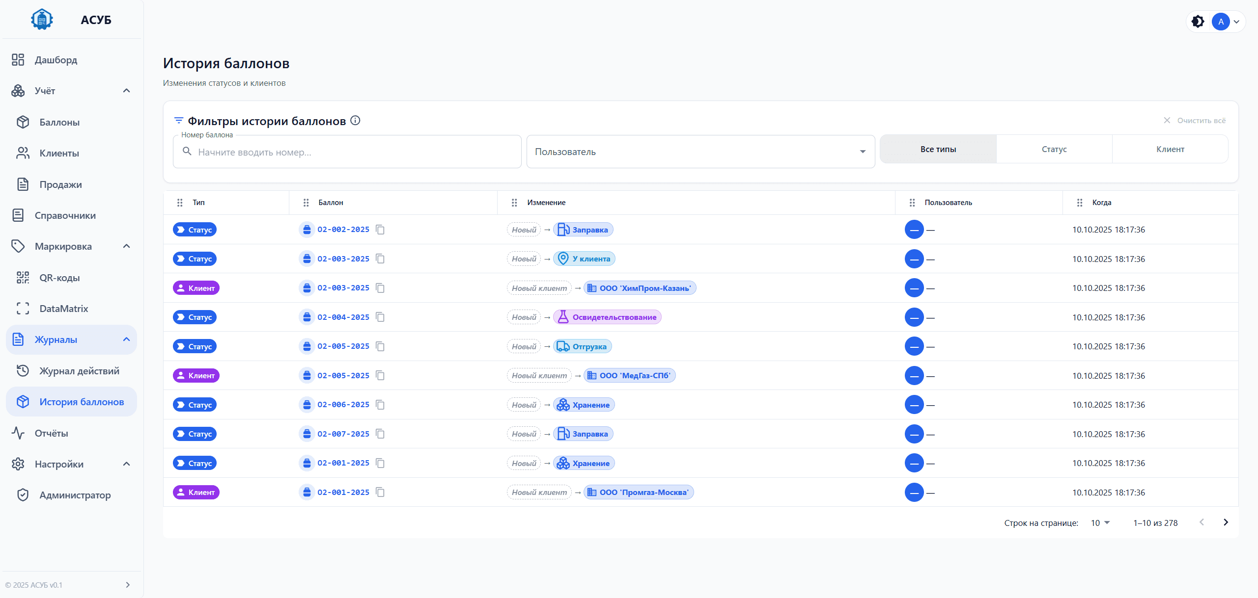 История операций АСУБ